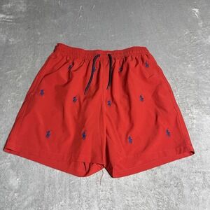Polo Ralph Lauren Swim Trunks Mens Medium Red Blue Pony Embroidered Drawstring